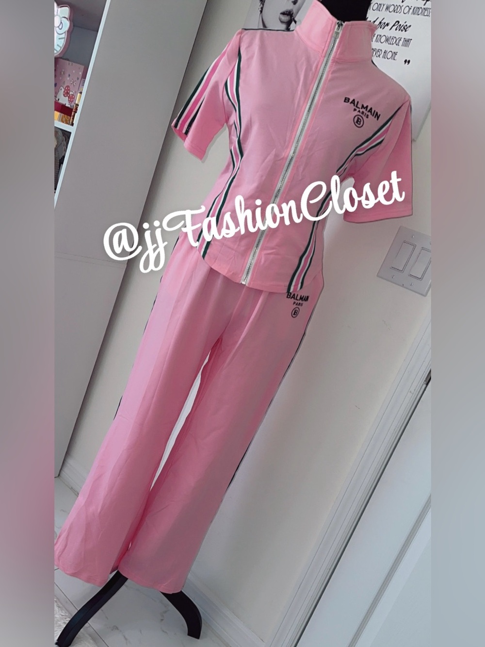 NWOT FAshion Pink Short-Sleeve Zip Top & Wide-Leg Track Pants Set